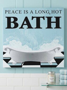 Bathroom Wall Art Decor Canvas Peace is a Long Hot Bath 14x14 Retro Blue Sign